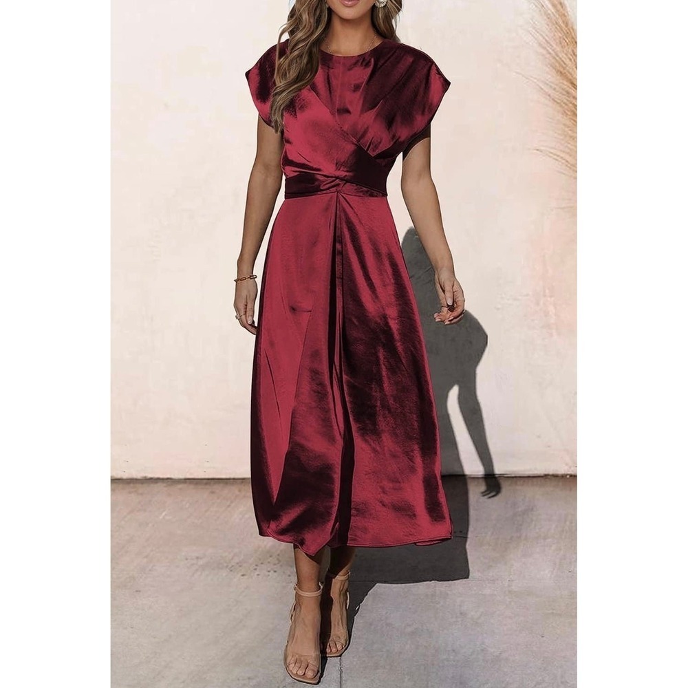 PrettyGarden Wine Red Satin Wrap Midi Dress Cocktail Party Cap Sleeve Medium - Picture 1 of 6